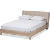 Adelia Queen Platform Bed in Light Beige Fabric & White Wash Wood